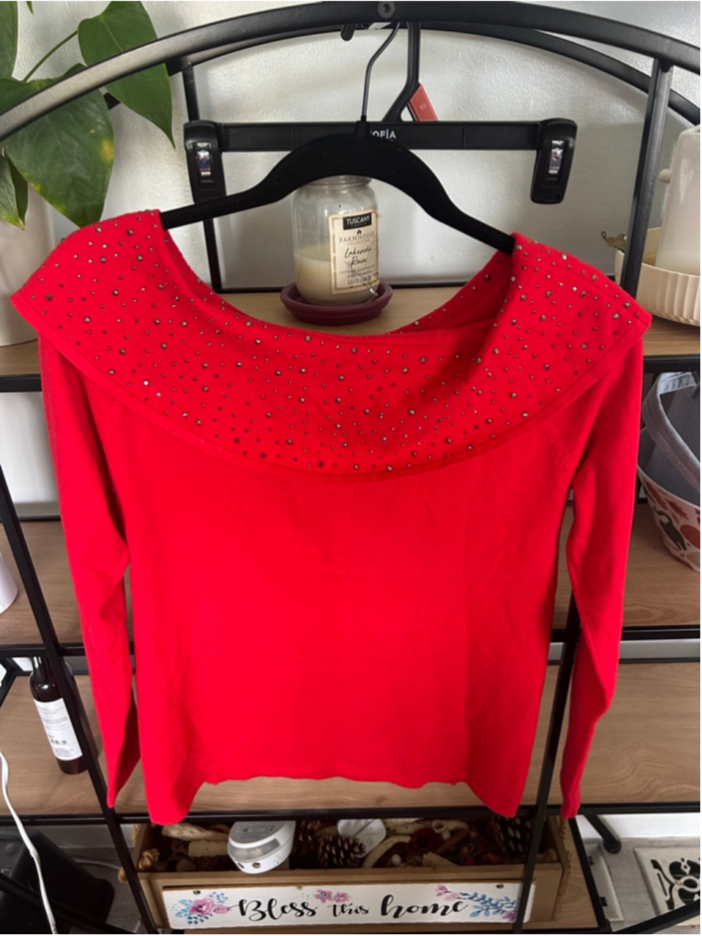 Women's Milano Red Embellished Off-Shoulder Top Size S